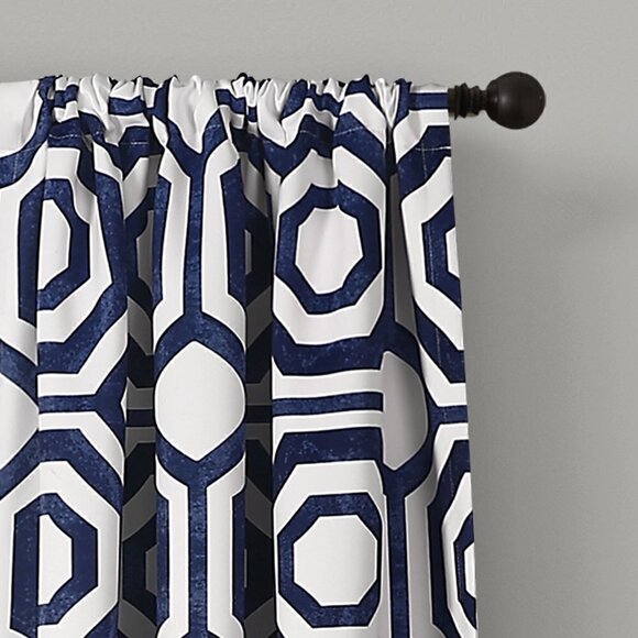 Room Darkening Window Curtain Navy 52X84 Set Half Moon Octagon Blocks #2567 - Picture 4 of 8